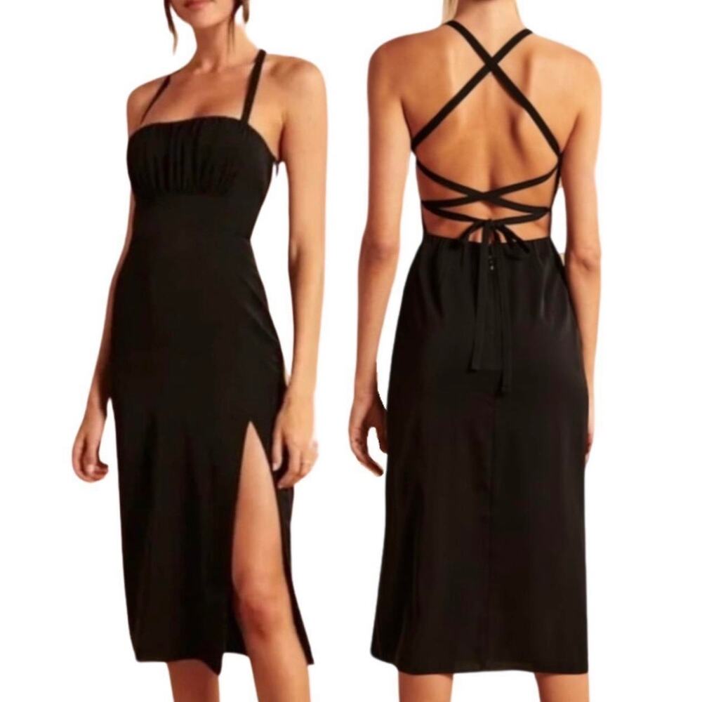 NWT Abercrombie & Fitch Strappy-Back Ruched Midi Dress Black Size XS Cocktail
